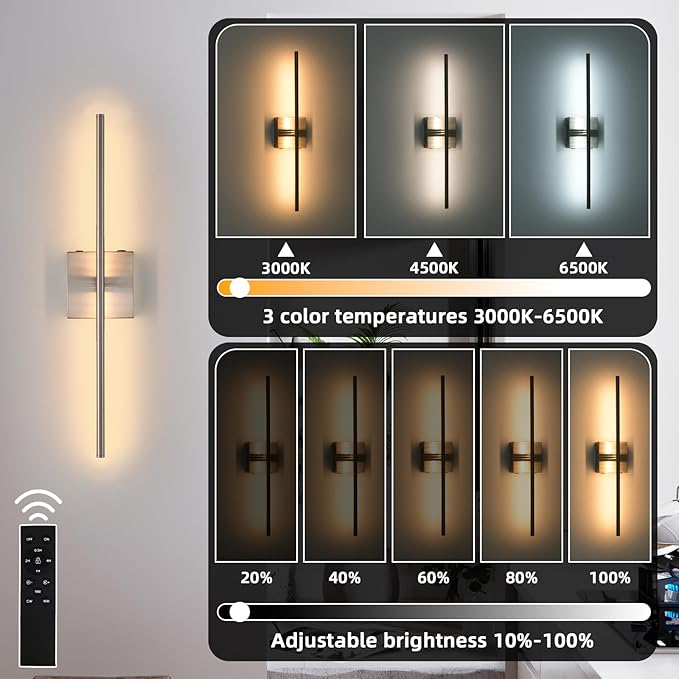 Battery Operated Wall Sconces, Modern Brushed Nickel Rechargeable Wall Sconce with Remote Control, 3000K-6000K Dimmable LED Wireless Wall Light for Living Room Bedroom Hallway 23.6 Inchs(1 Pack)