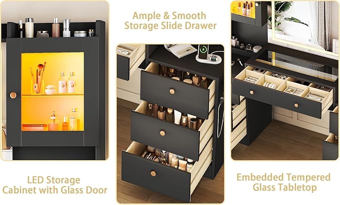 63" Makeup Vanity Desk with Mirror and Lights, Glass Top Makeup Vanity with Power Outlet, 3 Lighting Colors, 7 Drawers, 2 Cabinets for Bedroom, Black