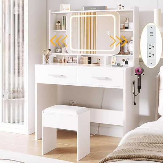 Vanity Desk with Sliding Mirror and Light,39 inch Makeup Vanity with Chair,2 Drawers,Power Outlet & Storage Shelves,3 Lighting Modes,Makeup Table Stool Set for Bedroom,White