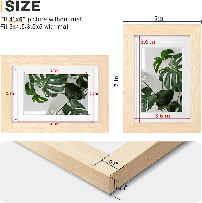 Egofine 4x6 Picture Frame Made of Solid Wood with Plexiglass, Display Pictures 3.5x5 with Mat or 4x6 Without Mat for Tabletop and Wall Mounting, Oak Wood