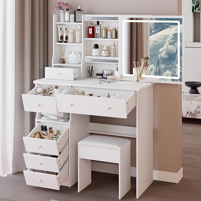 37" Vanity Desk with Mirror and Lights, Makeup Table with Led Lights and Sliding Mirror, 3 Lighting Colors, Vanity Set with 6 Drawers and Stool for Bedroom, White