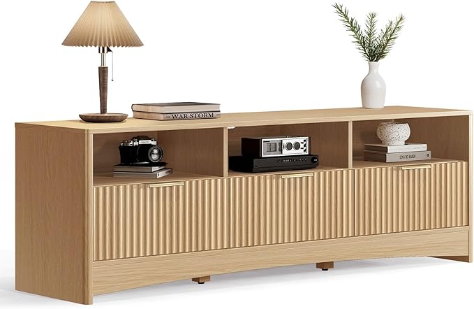 Marsail 59″ Wide TV Stand for TVs Up to 65″, Modern Entertainment Center with Fluted Panels, 3 Easy-Sliding Drawers, Open Shelves & Cable Hole, 3-Tier TV Stands for Living Room & Bedroom, Natural Oak
