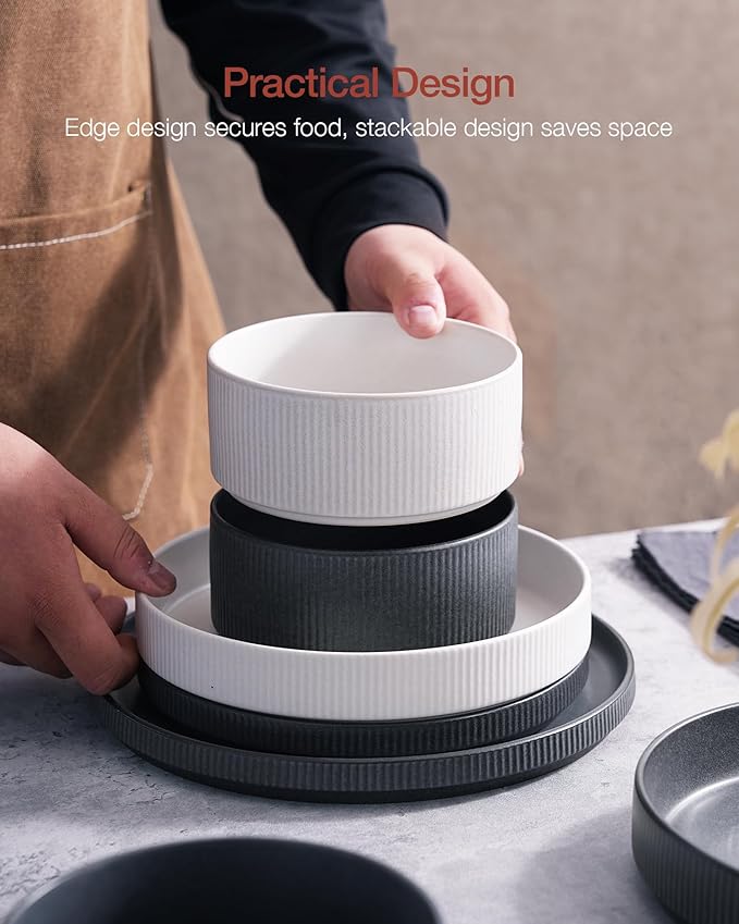 Famiware Star Dinnerware Set, Plates and Bowls Sets for 4 (12pcs), Ribbed Stoneware Dishes - Chip & Scratch Resistant, Microwave & Dishwasher Safe, Multicolor - Matte White & Matte Dark Charcoal