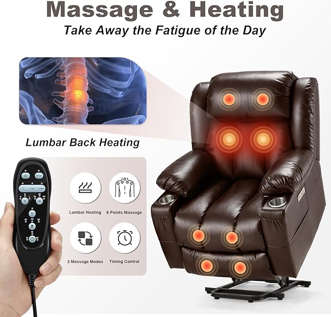 Power Lift Recliner Leather Chair Sofa with Massage & Heat, Lazy Boy Chair with Cup Holders, USB & Type-C Ports, Remote Control (Brown)