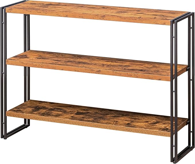 Bookshelf, 3 Tier Horizontal Bookcase, Industrial Book Shelf for Living Room, Home Office, Kitchen, Rustic Brown