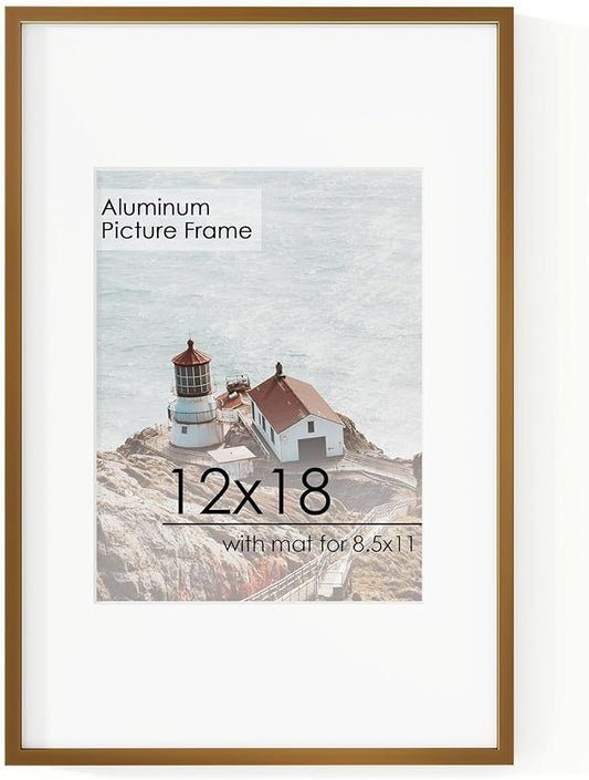 12x18 Metal Picture Frame for Wall With Mat for 8.5x11, 12''x18'' Aluminum Photo Frames With Tempered Glass for Home Decor, Minimalist Modern Poster Frame Horizontal And Vertical Formats, Bronze