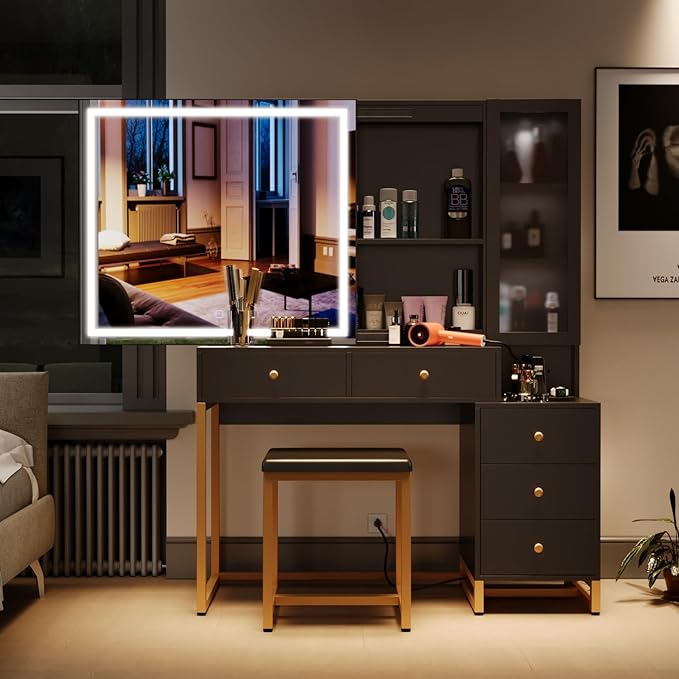 Black Makeup Vanity Desk with Sliding Mirror and LED Lights,Power Outlet&Vanity Stool for Makeup Table,Makeup Organizer Countertop with Cabinets&5 Storage Drawers
