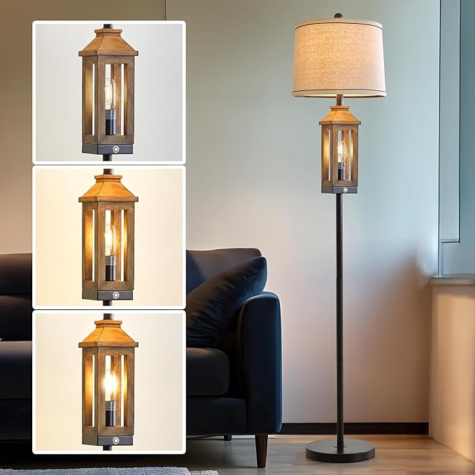 63" Farmhouse Floor Lamps for Living Room Bedside Nightstand Lamp Black Tall Standing Lamp for Home Decor Bedroom Reading Wood Lamp Rustic Bed Lights with 2 Light Sources