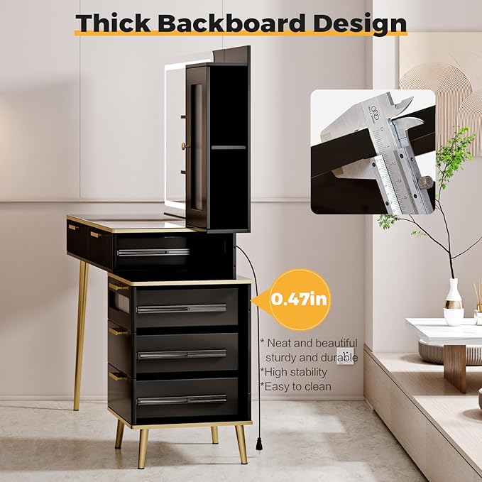 47.24" Big Modern Vanity Desk with Mirror and Lights, Vanity Desk with 29.53" HD Lighted Mirror, Makeup Vanity with 5 Drawers and Storage Shelves and Charging Station, Black2