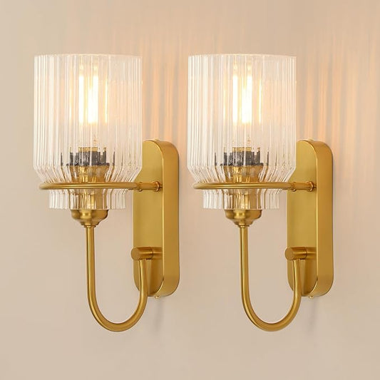 Gold Bathroom Sconces Set of 2, Modern Wall Sconce with Clear Glass Shade, Indoor Farmhouse Wall Sconce for Living Room, Bedroom, Hallway, Stairwell and Kitchen