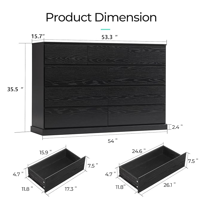 LINSY HOME 9 Drawer Dresser for Bedroom, 53" Wide Chest of Deep Drawers, Modern Farmhouse TV Stand Dressers with Storage, Large Drawer Organizer for Bedroom, Living Room, Handless Design, Black