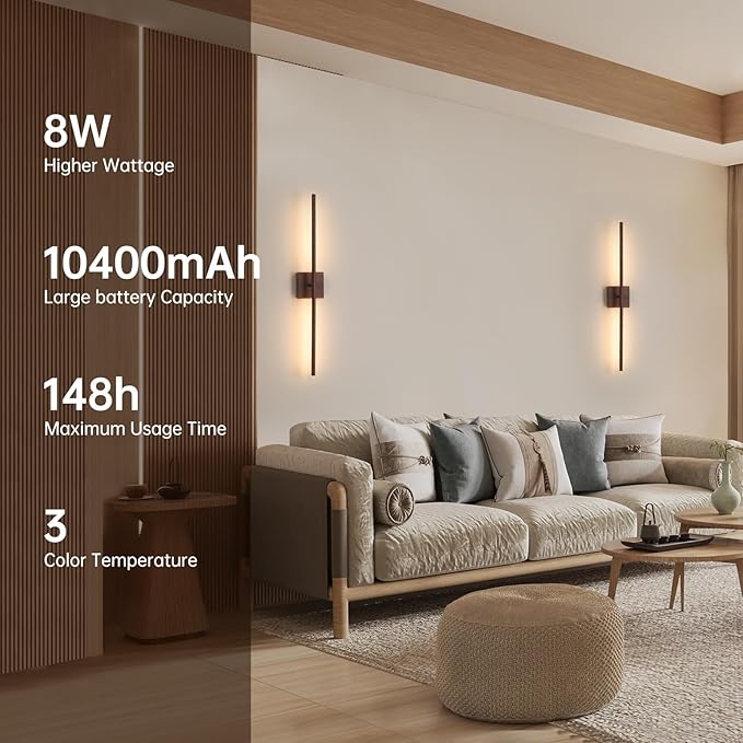 Battery Operated Wall Sconce Set of 2, 10400mAh Rechargeable Wall Sconces, 3000K-6000K Dimmable, 350°Rotate, Indoor Wall Lights for Bedroom Living Room Bathroom, Black Walnut, 31.5 Inch