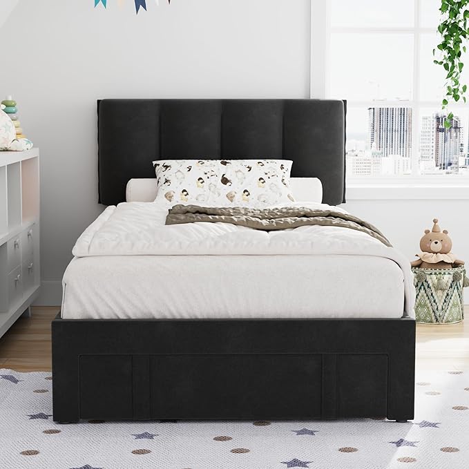 VECELO Twin Size Bed Frame with Storage Drawer, Heavy-Duty Platform Bedframe with Headboard & Strong Wooden Slats Support, No Box Spring Needed, Black