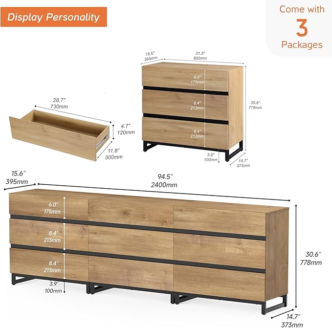 WAMPAT Dresser for Bedroom, Closet Organizers and Storage with 9 Drawers, Chest of Drawers with Metal Base, Wooden Modern Dresser for Living Room, Bedroom, Entryway, Oak