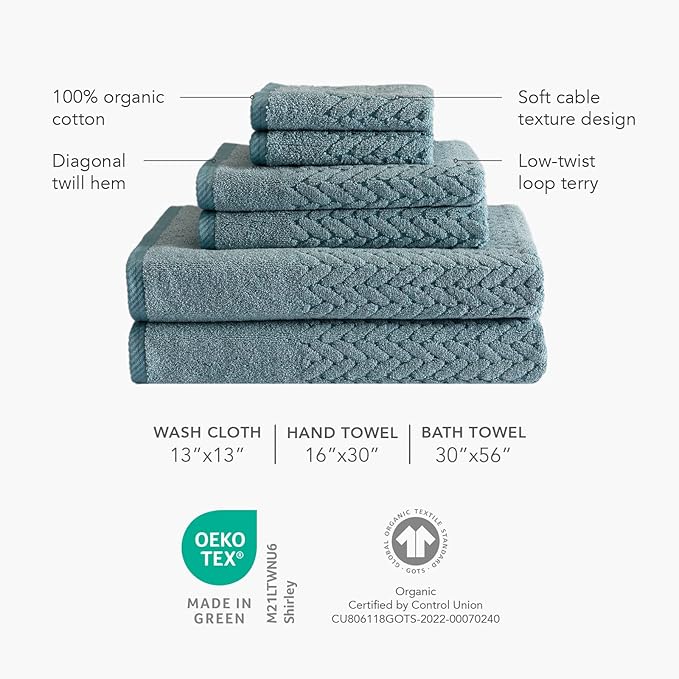 Texere 100% Organic Cotton Jacquard 650 GSM Premium Bath Towel Sets - Extra Absorbent Quick Dry and Plush, 2 Large Bath Towels, 2 Hand Towels, 2 Washcloths (Cable, Birch, 6 Piece)