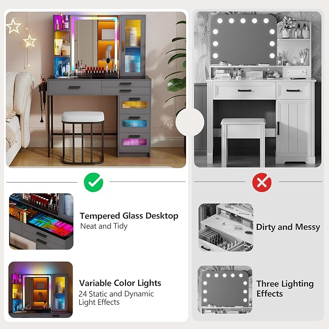 Makeup Vanity Desk with Mirror and RGB Lights,Glass Top Vanity Table with Wireless Charging & Stool,Vanity Set with 6 Drawers & Storage Cabinet & Makeup Organizer，Bedroom（Grey）