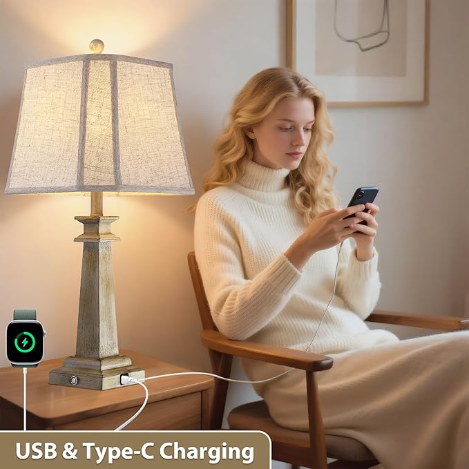 27.5" Table Lamps Set of 2, 3-Way Dimmable Touch Lamps for Nightstand, Farmhouse Table Lamp for Living Room and Bedroom with USB A+C Charging Ports, Bulbs Included (Antique White)