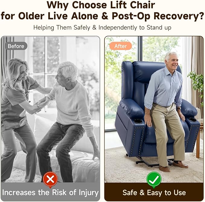 Large Power Lift Chairs Recliners for Elderly with Massage and Heat, Overstuffed Wide Lift Chair of Breathable Leather, OKIN Motor, USB-A & USB-C, 2 Cup Holder,2 Side Pocket Blue