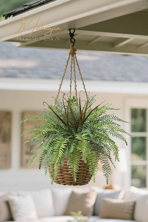 Polyester Artificial Boston Fern Bush,Set of 4,Fake Fern Hanging Plants UV Resistant That Look Real for Outdoors and Home Decor. (36" 4Pcs-Bottle Green)