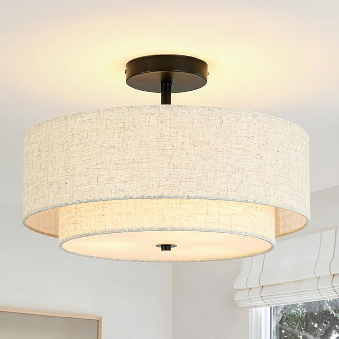 16" Semi Flush Mount Ceiling Light, 3-Light Drum Ceiling Light Fixture with 2-Tier Fabric Linen Shade, Farmhouse Chandelier for Dining Room, Living Room, Bedroom, Kitchen, Hallway, Entryway
