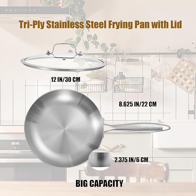 LOLYKITCH 12 Inch Tri-Ply Stainless Steel Frying Pan with Lid,Skillet,Induction Cooking Pan,Oven Safe and Detachable Handle
