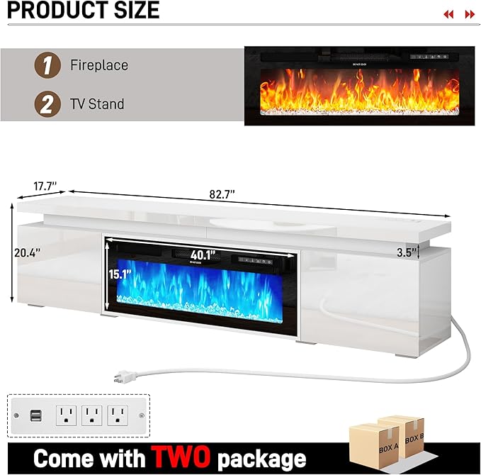Fireplace TV Stand for 95" TV, 83" LED TV Stand with 40" Electric Fireplace & Power Outlet, High Gloss Surface, 2 Storage Cabinet, Modern Style (83 Inch, White)