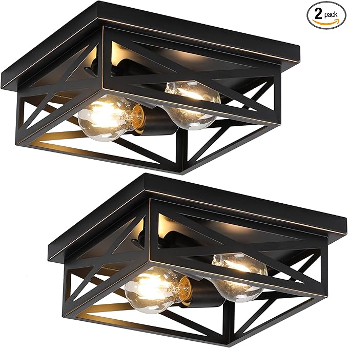 2Pack Flush Mount Ceiling Light Fixture,Black Farmhouse Kitchen Lighting Fixtures Ceiling Rustic Light Fixtures for Dining Room, Kitchen, Porch, Hallway, Entryway(Black & Gold Border)