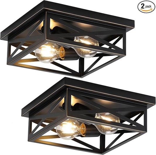 2Pack Flush Mount Ceiling Light Fixture,Black Farmhouse Kitchen Lighting Fixtures Ceiling Rustic Light Fixtures for Dining Room, Kitchen, Porch, Hallway, Entryway(Black & Gold Border)