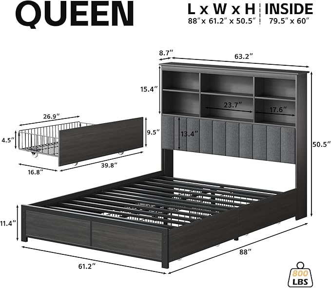 HISOFT Queen Bed Frame with Storage Headboard, Wood Bed with High Storage Bookcase, 4 Drawers & LED & Charging Station,No Box Spring Needed/Noise Free/All-Metal Support, Rustic Grey