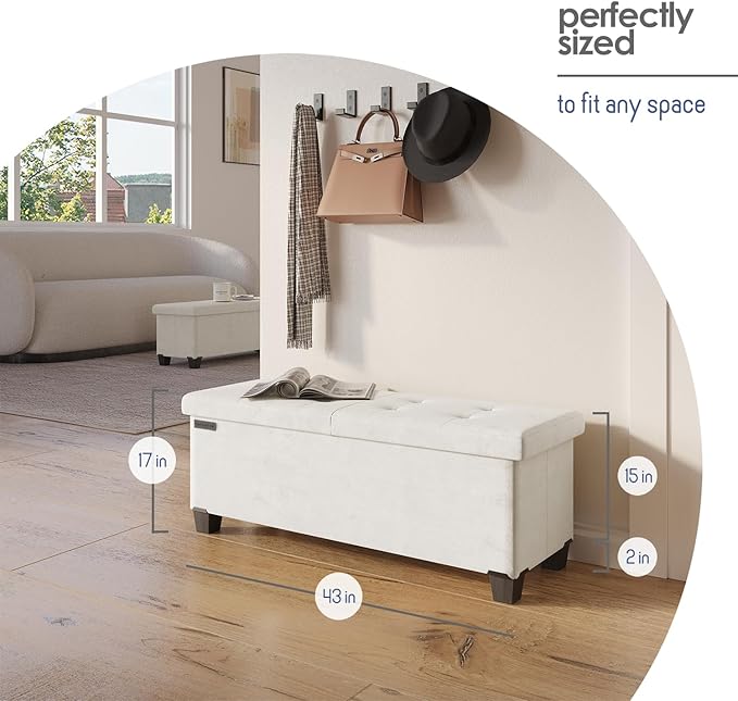 STORAGEBUD Storage Ottoman Bench with Bins, 43-in Storage Bench for Bedroom End of Bed, Folding Foot Rest Ottoman for Living Room Max 660lbs, Velvet Ottomans, Cream