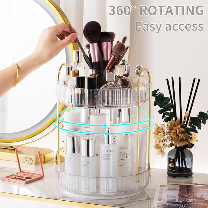 360° Rotating Makeup Organizer, Large-Capacity Skincare Make Up Storage 2 Tier Perfume Organizers Cosmetic Dresser Organizer with Makeup Brush Holder, Fits Bedroom, Bathroom, Vanity Shelf Countertop