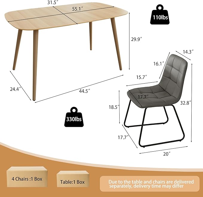 55.1'' Natural Wood Dining Table Set for 4 with Leather Chairs - Easy Assembly 4-Piece Kitchen Table and Chair Set, Scratch-Resistant Waterproof Surface (Modern Farmhouse Style)
