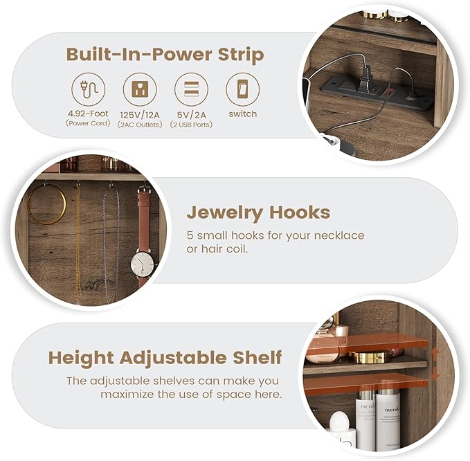 AOGLLATI Makeup Vanity with Lights & Barn Doors, Vanity Desk with Mirror and Lights & Charging Station, Farmhouse Brown Vanity Table with Jewelry Hooks and Open Storage Shelves