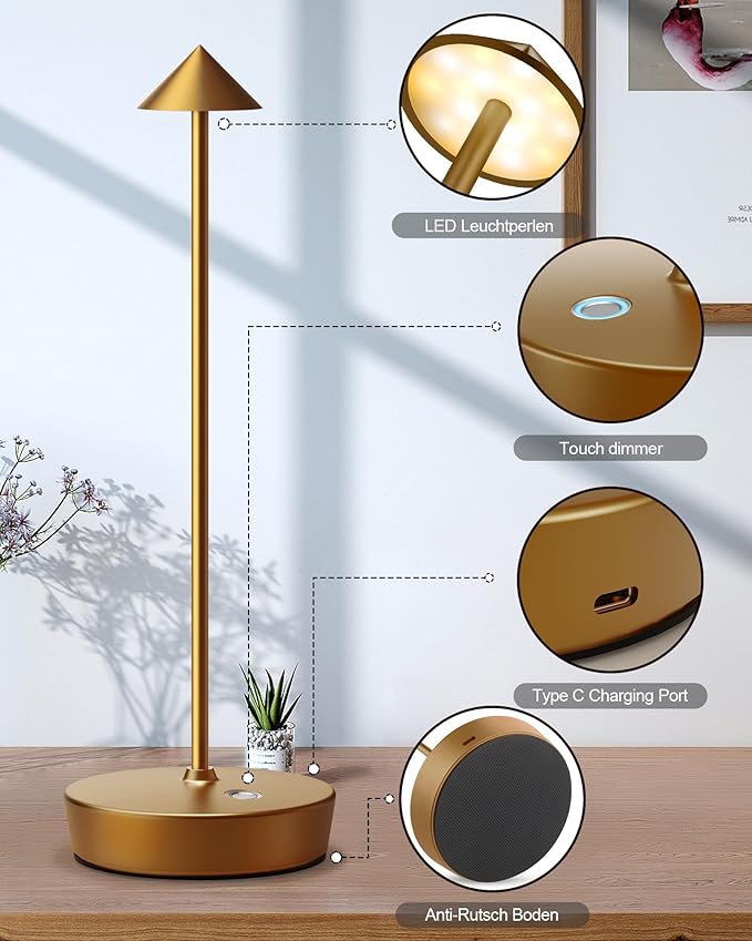 Cordless Table Lamps Rechargeable, 6000mAh Battery Operated LED Desk Lamp Outdoor Waterproof Portable Touch Dimmable Table Night Light for Patio Restaurant Dining Home Bronze