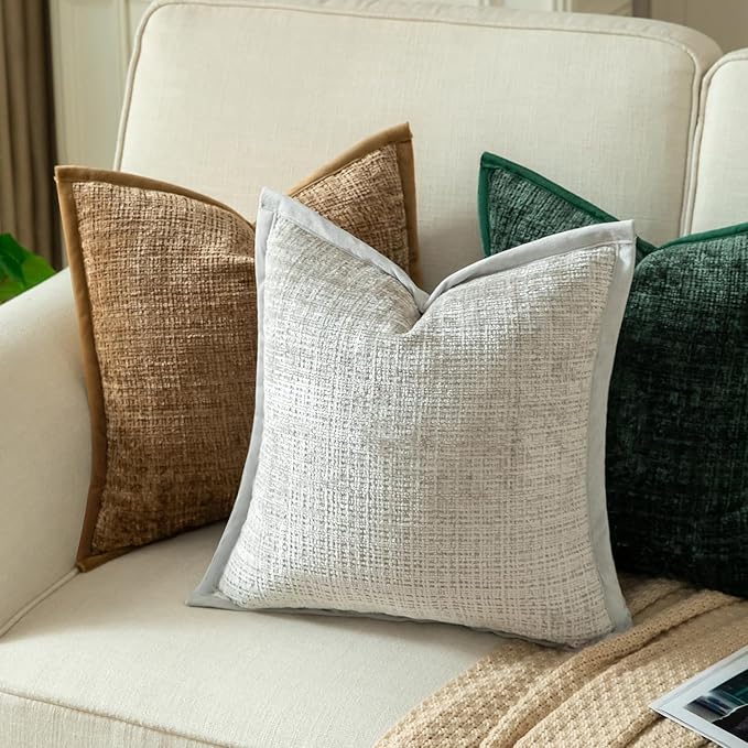 Yaertun Pack of 2 Chenille Textured Decorative Throw Pillow Covers Accent Solid Cushion Cover Soft Cozy Pillow Case with Velvet Back for Couch Sofa Bed Living Room 26x26 Inch Pearl Grey