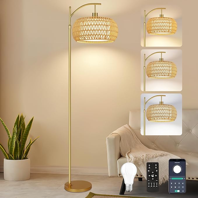 Gold Floor Lamps for Living Room Rattan Boho Floor Lamp with Remote Control,Arc Floor Lamp Wicker Lamp Shades Dimmable Standing Lamp with 3 Color Temperature Tall Floor Lamps For Bedroom Corner