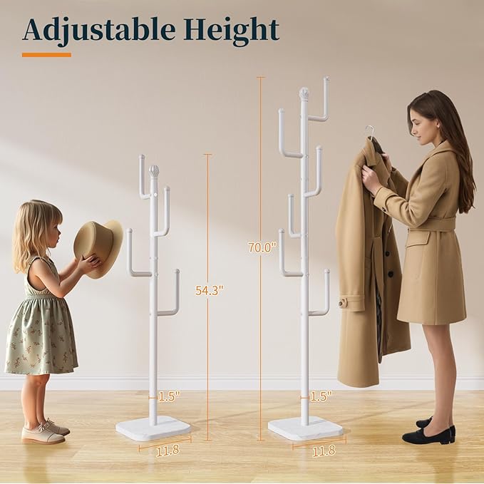 Yoobure Coat Rack Freestanding with Natural Marble Base - Cactus Coat Tree with 6 L-shaped Hooks, Heavy Duty Coat Hanger Stand, Metal Coat Rack Stand for Entryway, Hall Tree for Jacket/Hat/Clothes/Bag