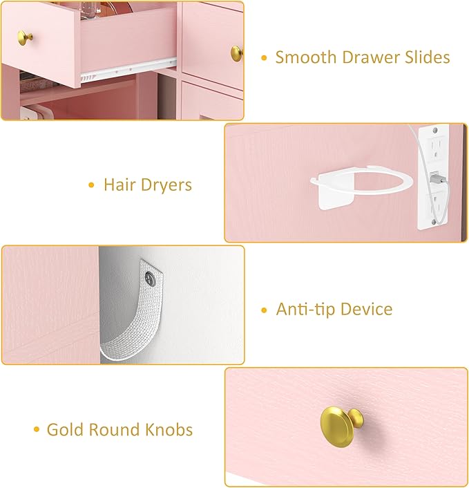 Vanity Desk with Mirror and Lights, Large Makeup Vanity Set with Power Outlet & RGB Glass Cabinet, 3 Drawers, Pink Vanity Mirror with Lights Dressing Table for Girls Women, 3 Color Modes