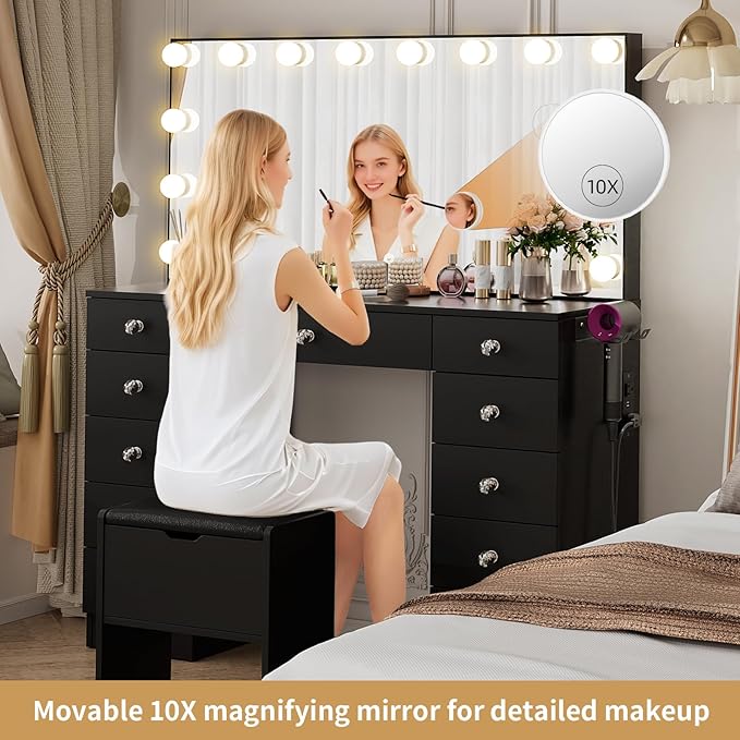 VOWNER Vanity with Lighted Mirror - Makeup Vanity Desk with Lights and 11 Drawers, 3 Color Lighting Modes Adjustable Brightness, 46" Makeup Desk with Soft Cushioned Stool for Bedroom, Black