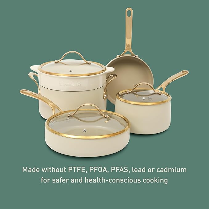 bloomhouse 8 Piece Pots and Pans Heavy Duty Aluminum Premium PFA Free Ceramic Nonstick Cookware Set - Almond Cream w/Gold Handle