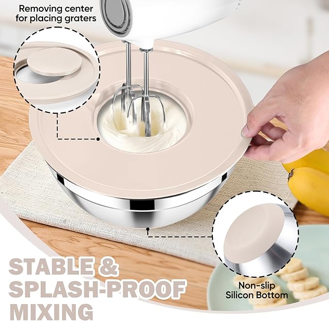 E-far 25PCS Mixing Bowls with Lid Set, Stainless Steel Nesting Prep Bowls with Grater Attachments Non-Slip Bottoms for Cooking, Serving, Food Storage, 4.6/2.6/2/1.5/1/0.7QT - Khaki