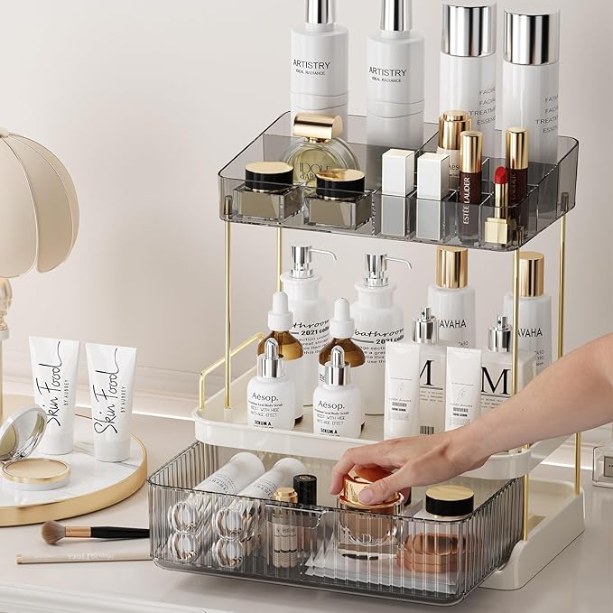 YCIA & DONE Bathroom Counter Organizer, Multi Makeup, Skincare, Perfume, Cosmetic, Vanity Countertop Organizer - Large Capacity, 2 Tier with Drawer - Easy to Install, Clean, Smoky Gray