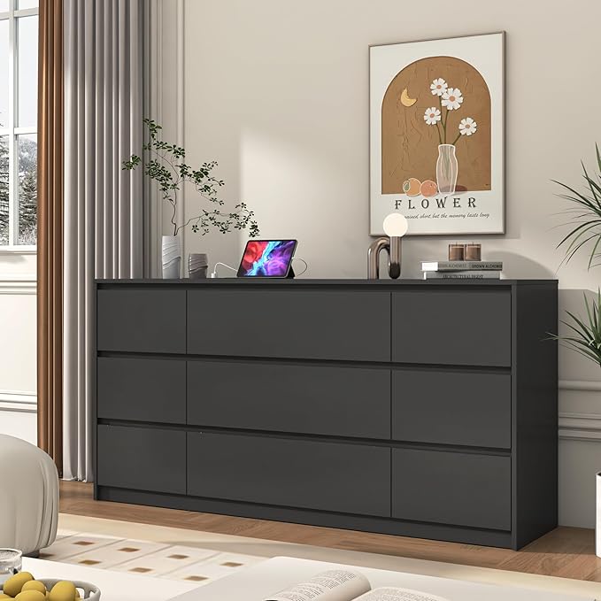 Black malm Dresser for Bedroom, 63 Inch Long 9 Drawers Dresser with Charging Station, Modern Large Wood Chest of Drawers Handle Free for Bedroom, Living Room, Entryway, Hallway, Black