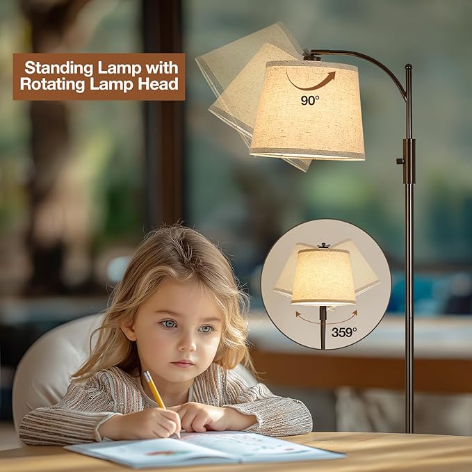 AIDENOEY Fully Dimmable Floor Lamp for Living Room，Standing Lamp Rotary Switch with Table&Linen Beige Shade，Brown Tall Lamps for Bedroom with Adjust Head，9W LED Bulb Included
