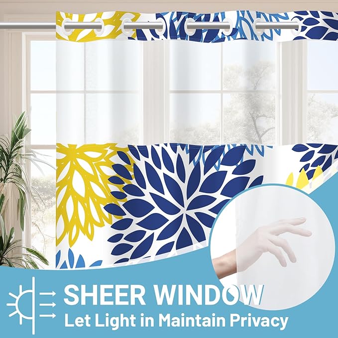 No Hook Shower Curtain with Snap in Liner - Dahlia Floral Shower Curtain - Fabric Waterproof Inner Liner, Plants Yellow Navy Blue Flowers Cloth Shower Curtains - Machine Washable, 71 x 74