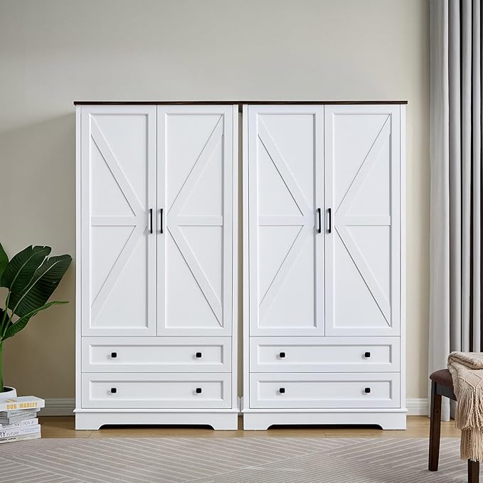 SOOWERY Dresser for Bedroom, Farmhouse Dresser with 2 Wooden Drawers and Storage Cabinets, 71 Inches Tall Chest of Drawers for Bedroom, Living Room, Hallway, White