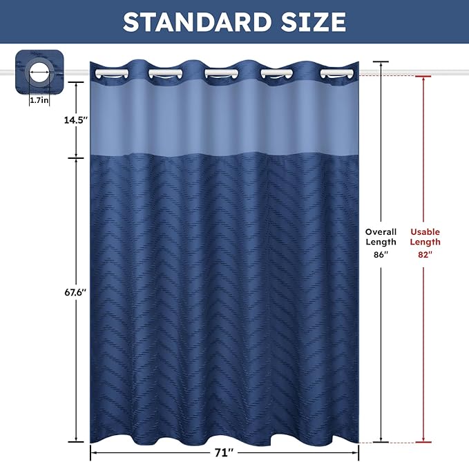 No Hook Shower Curtain and Snap in Liner Set Navy Blue Tufted Chevron Striped Cloth Waterproof Washable Fabric Boho Bath Curtain with See Through Mesh Top Window for Bathroom Hotel 71" x 86"