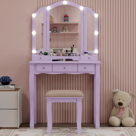 Purple Vanity Desk with Mirror and Lights Purple Vanity for Girls Makeup Vanity Desk with Lights Vanity Table with Lighted Mirror Make Up Vanity Desk with Drawers and Chair Set