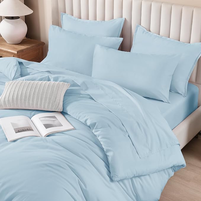 Litanika Comforter Queen Size Set Light Blue - 7 Pieces Bed in a Bag Queen Bedding Comforter Sets, Plain Lightweight Bed Set with Comforter, Sheets, Pillowcases & Shams