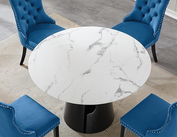 5-Piece Faux Marble Round Dining Table Set for 4, Modern Luxury Kitchen Table Set for 4 with Blue Tufted Chairs,Circle Dining Tables with White Marble Grain Top and Black Pedestal Base